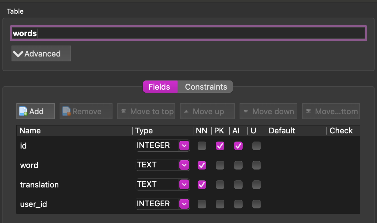 db browser create table screen