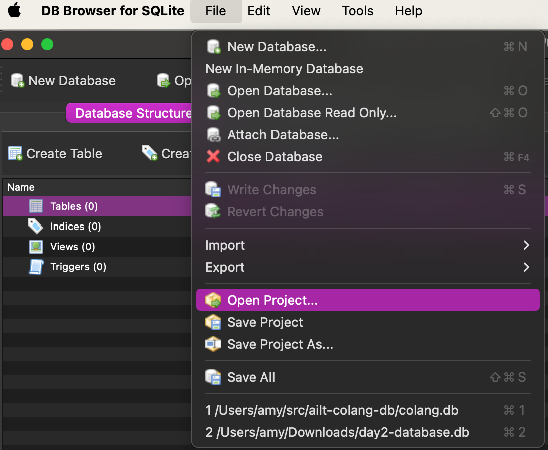 open project dialog of db browser