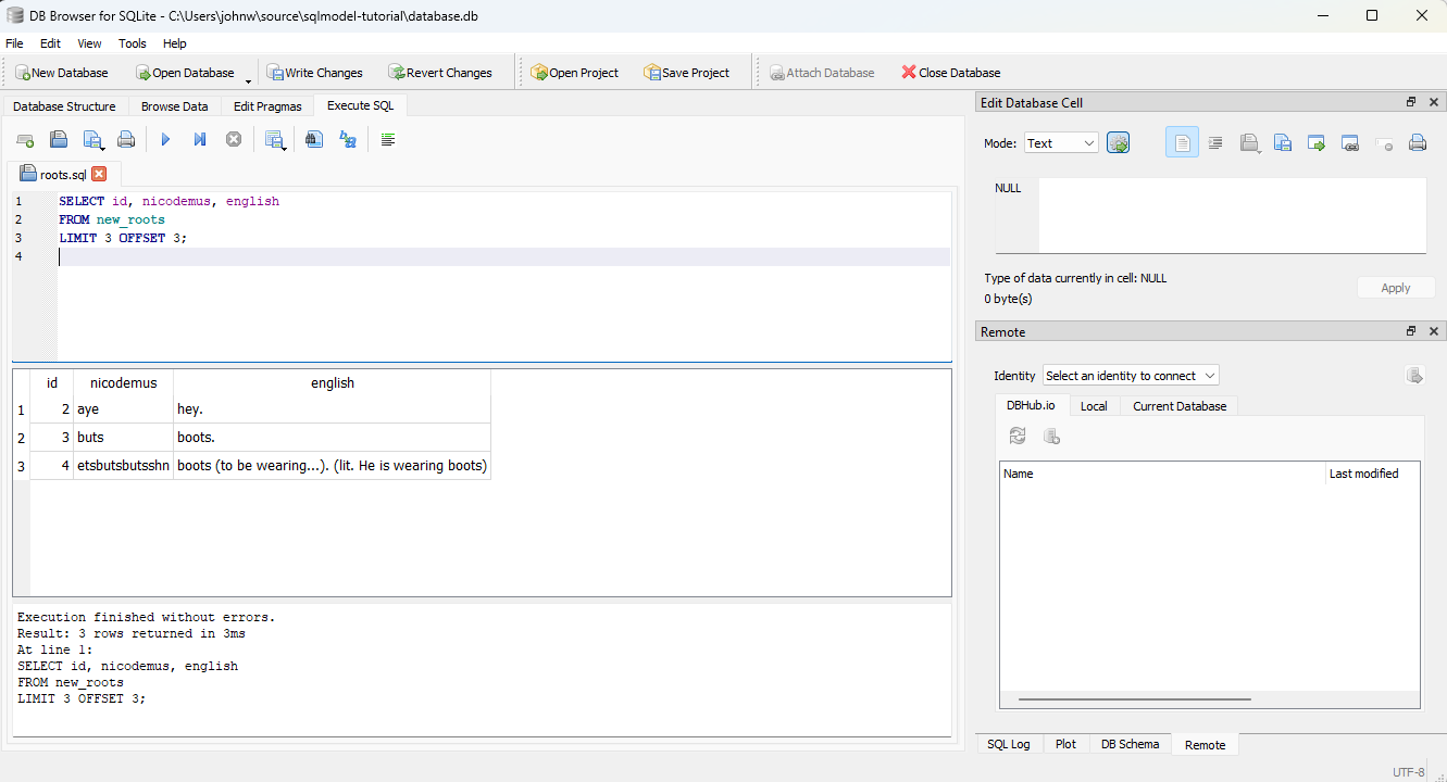 DB Browser for SQLite showing the result of the LIMIT query