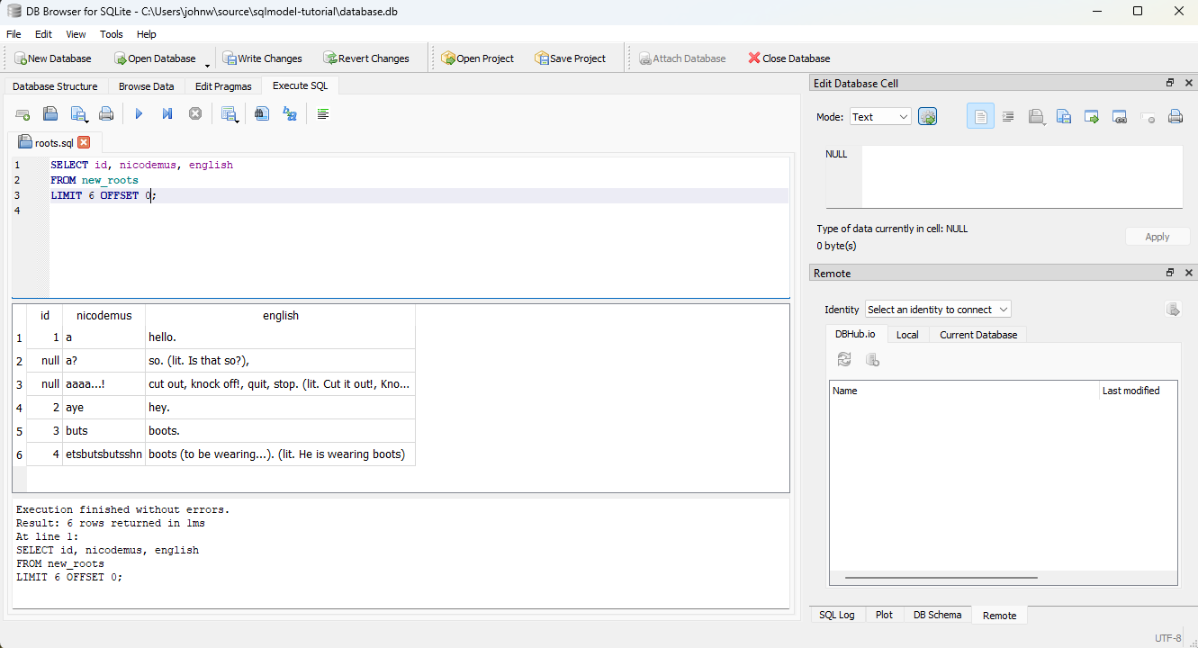 DB Browser for SQLite showing the result of the LIMIT query