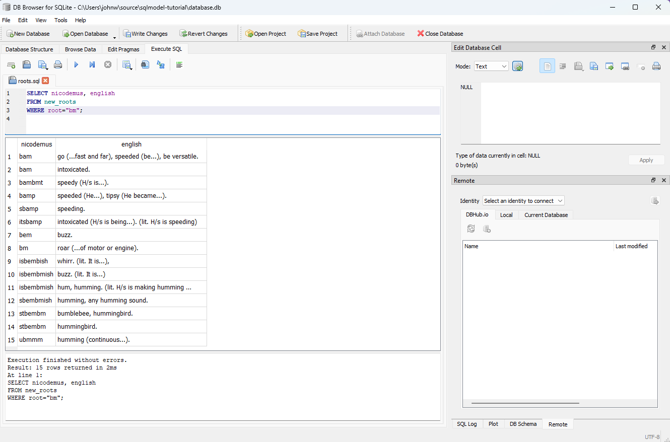 DB Browser for SQLite for root=bm query