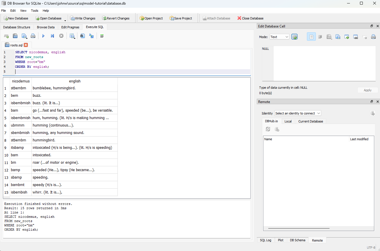 DB Browser for SQLite for root=bm query order=english