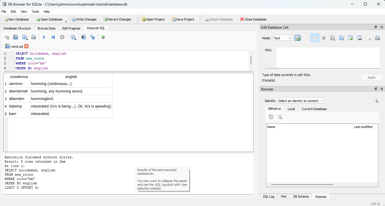 DB Browser for SQLite for root=bm query order=english row 6-10