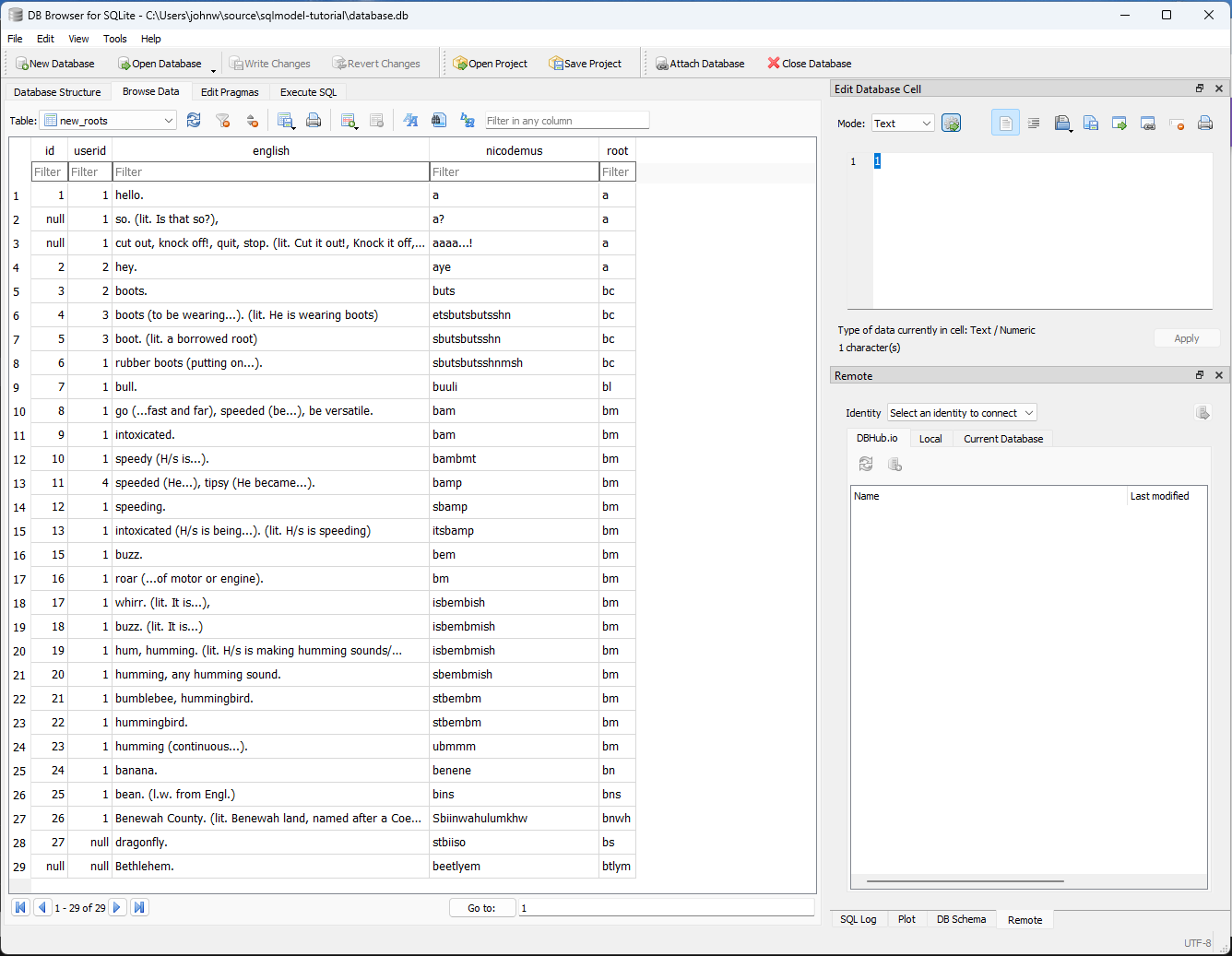 DB Browser for SQLite showing the result of the LIMIT query