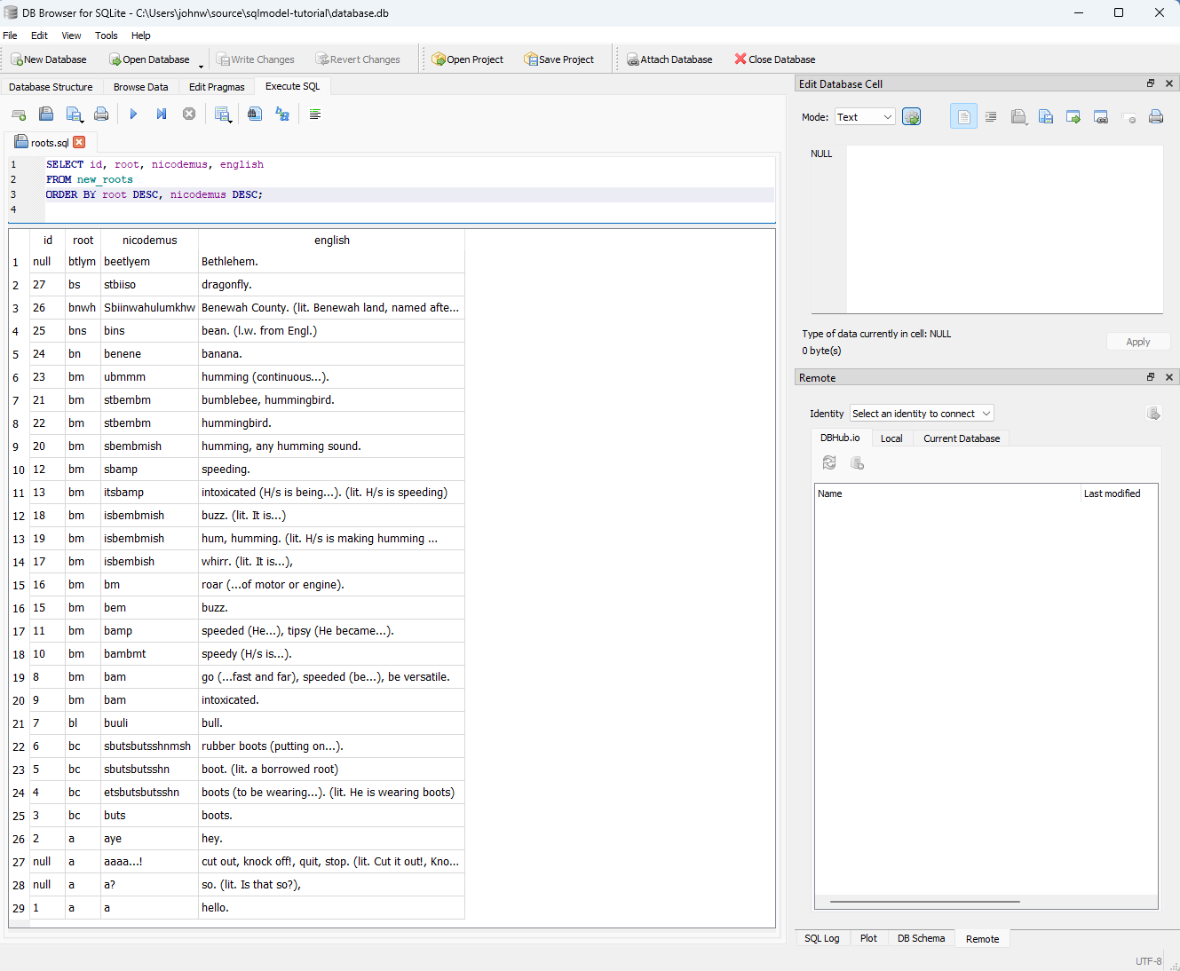 DB Browser for SQLite showing the result of a query with sorted results