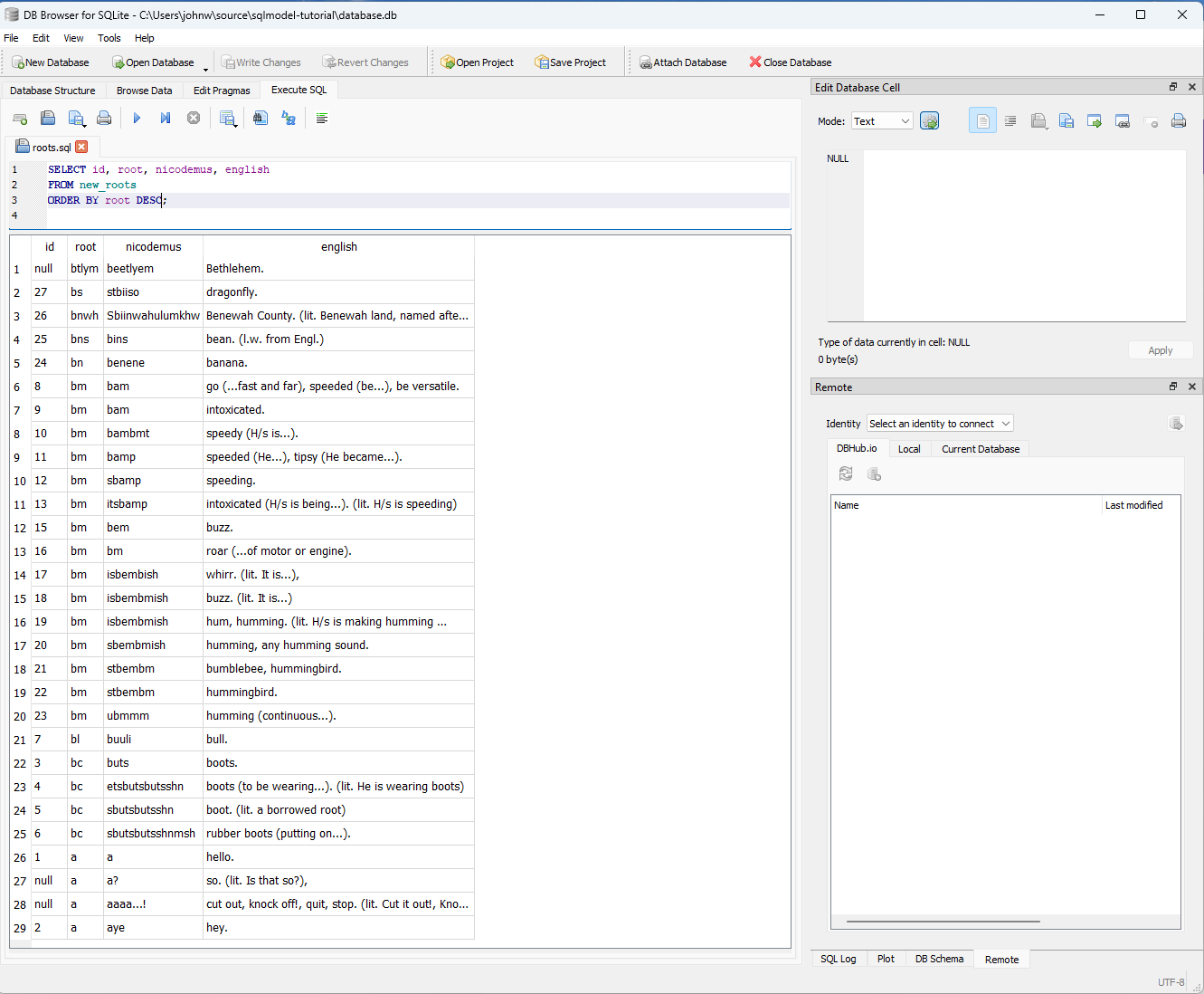 DB Browser for SQLite showing the result of a query with sorted results